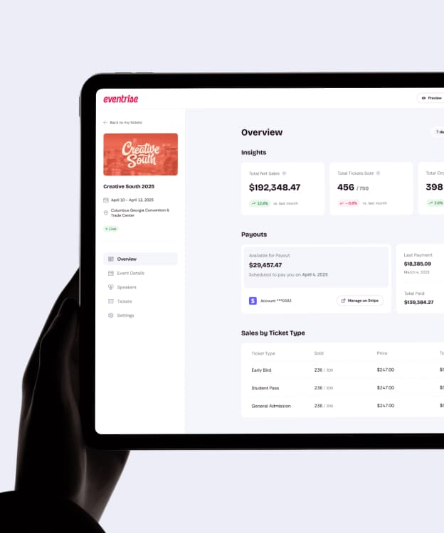 Eventrise platform dashboard displayed on tablet held in hand showing event overview and analytics