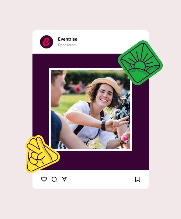 Eventrise Instagram sponsored post animation with peace hand and sunrise sticker illustrations
