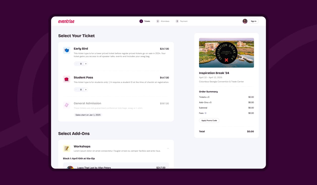 Eventrise ticket selection and checkout interface showing Early Bird, Student Pass, and General Admission tiers with order summary