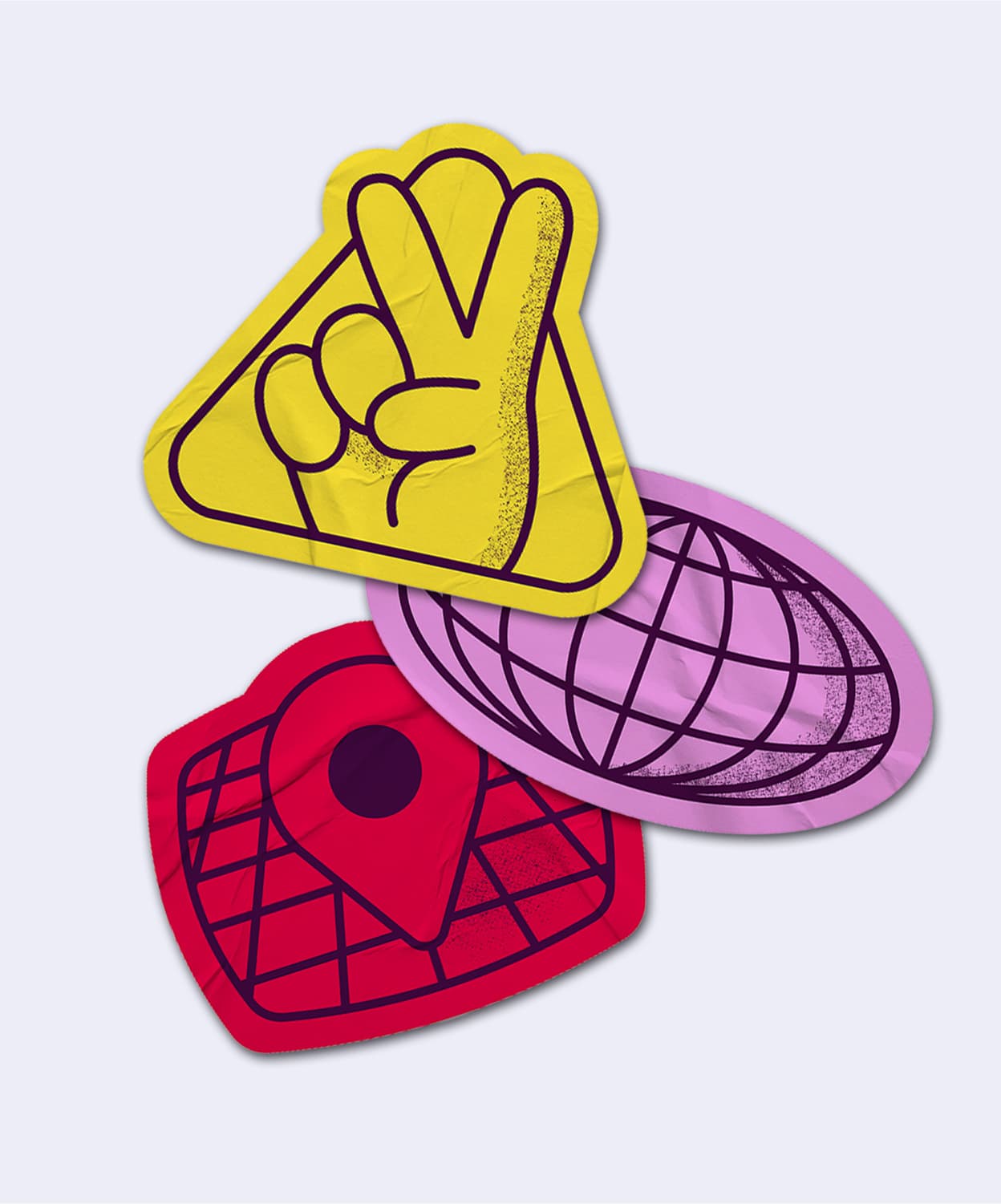 Eventrise custom sticker illustrations featuring peace hand, globe, and location pin icons