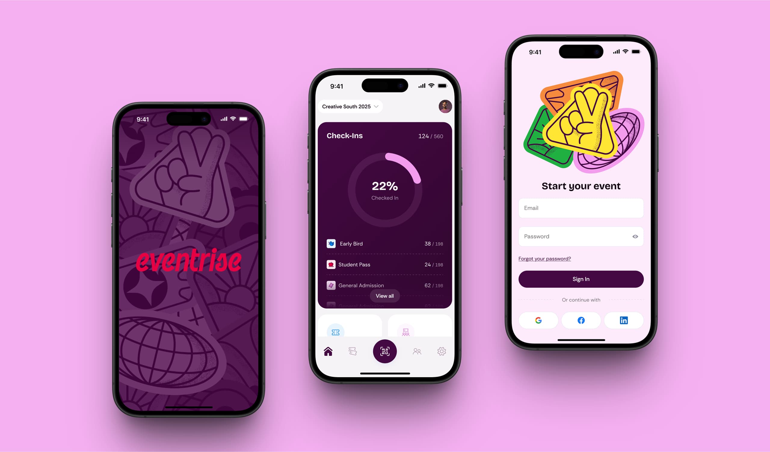 Three Eventrise mobile app screens showing splash screen, event check-ins dashboard, and sign-in flow on pink background