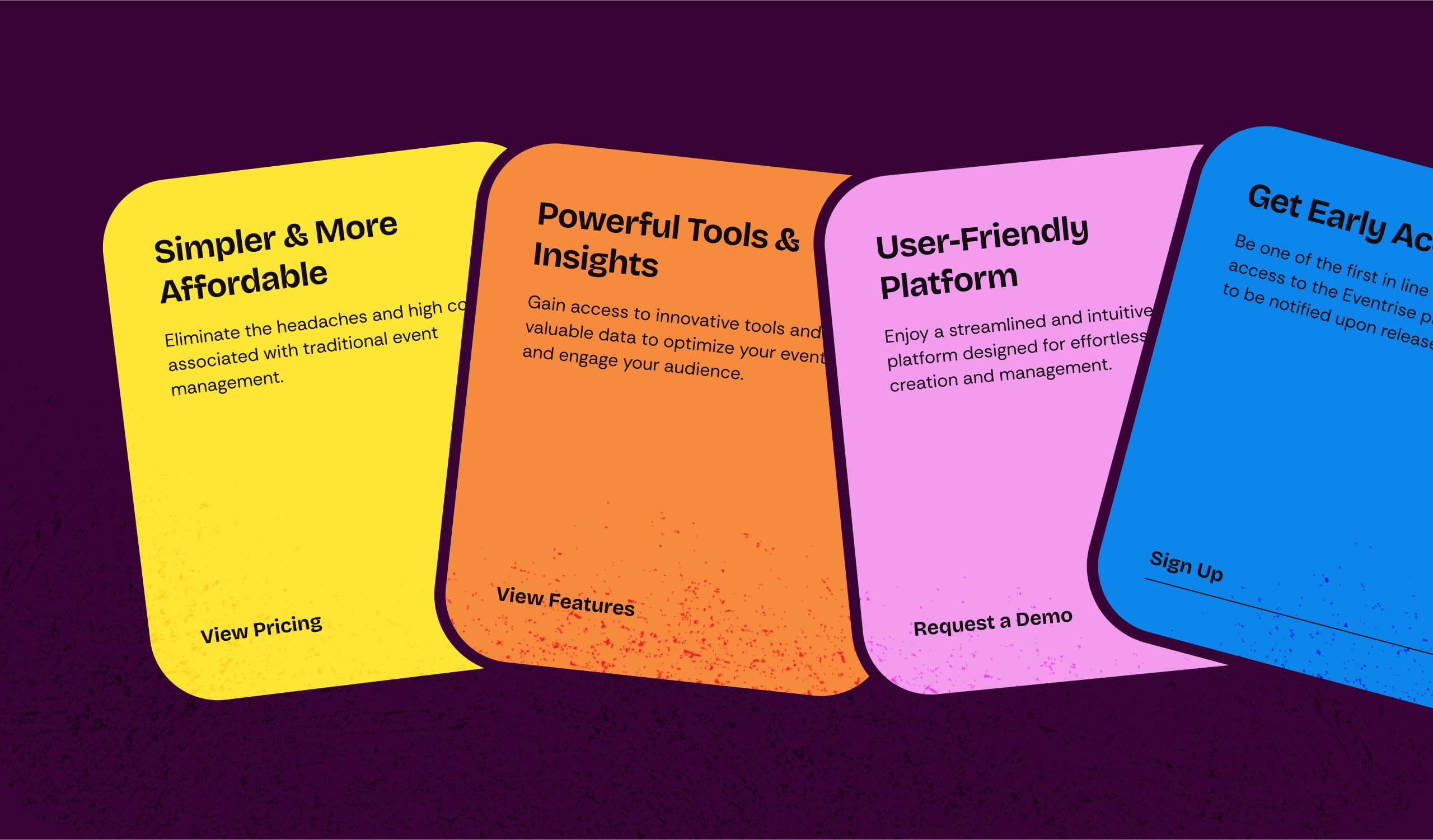 Eventrise mobile feature cards animation highlighting affordable pricing, powerful tools, user-friendly platform, and early access