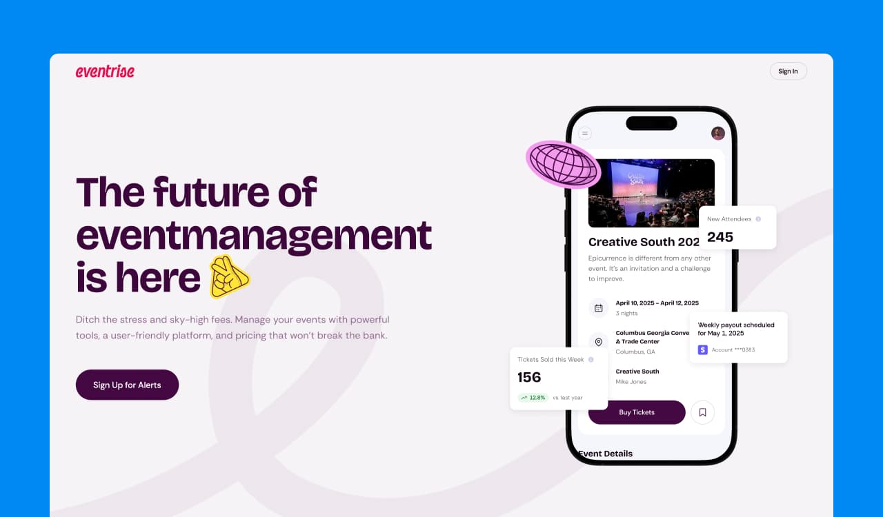 Eventrise homepage design mockup showcasing the event management platform landing page