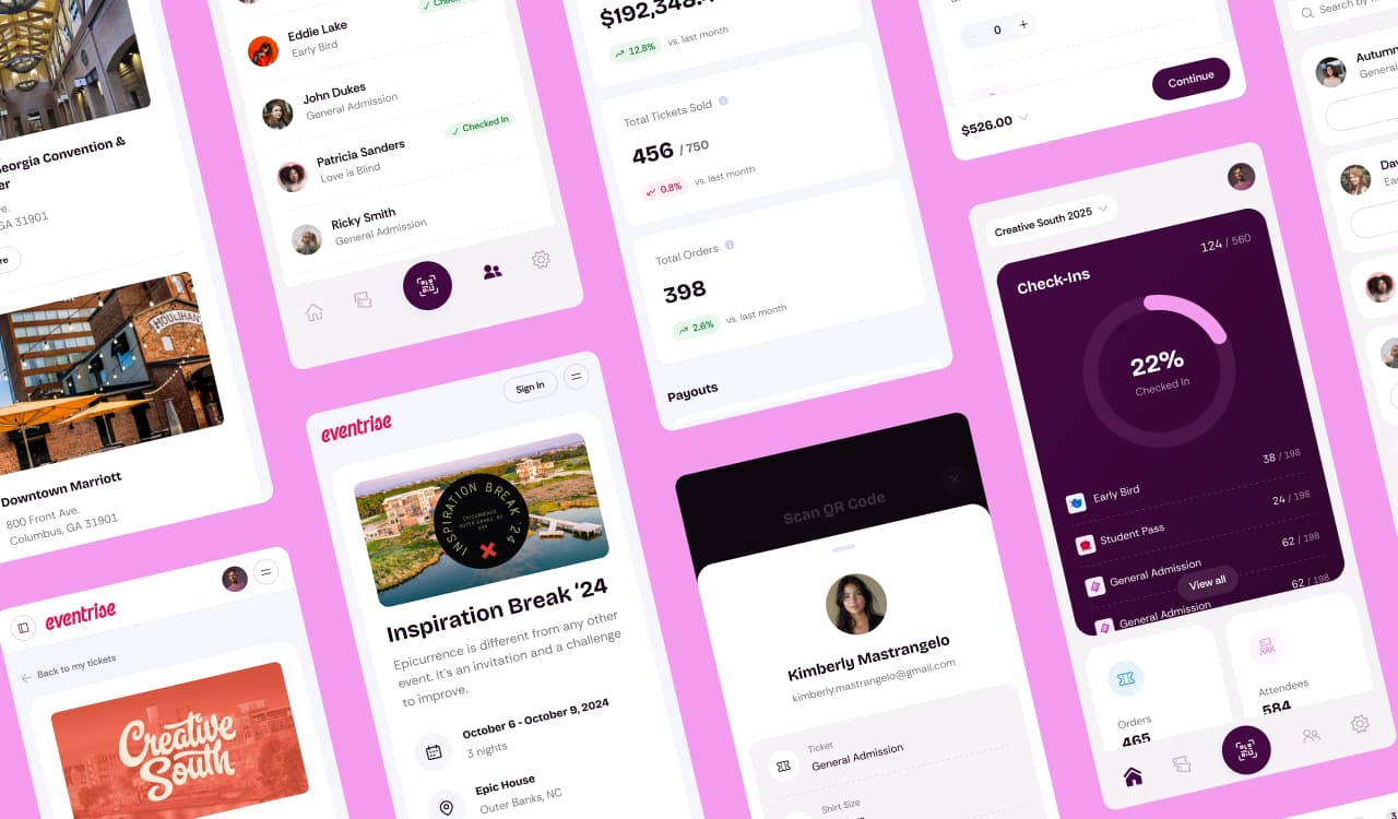 Eventrise mobile app screens collage showing event listings, analytics dashboard, check-ins, ticket scanning, and sign-in flow on pink background