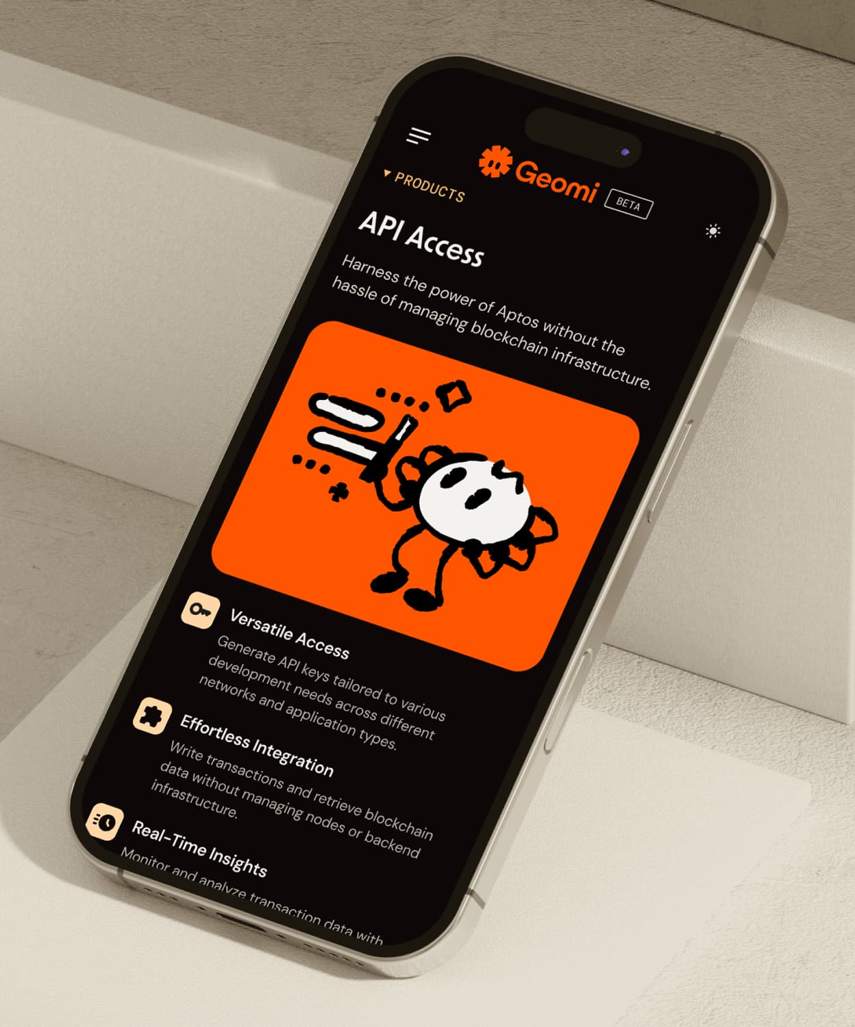 Geomi mobile app interface on phone