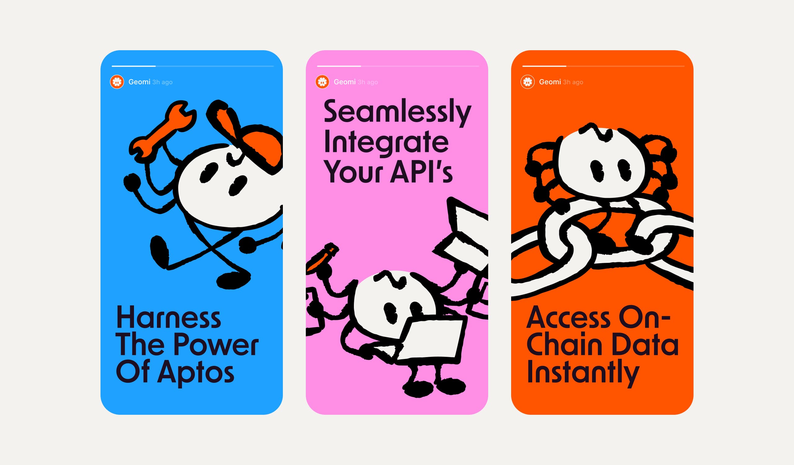 Geomi social media story cards showcasing Aptos blockchain features