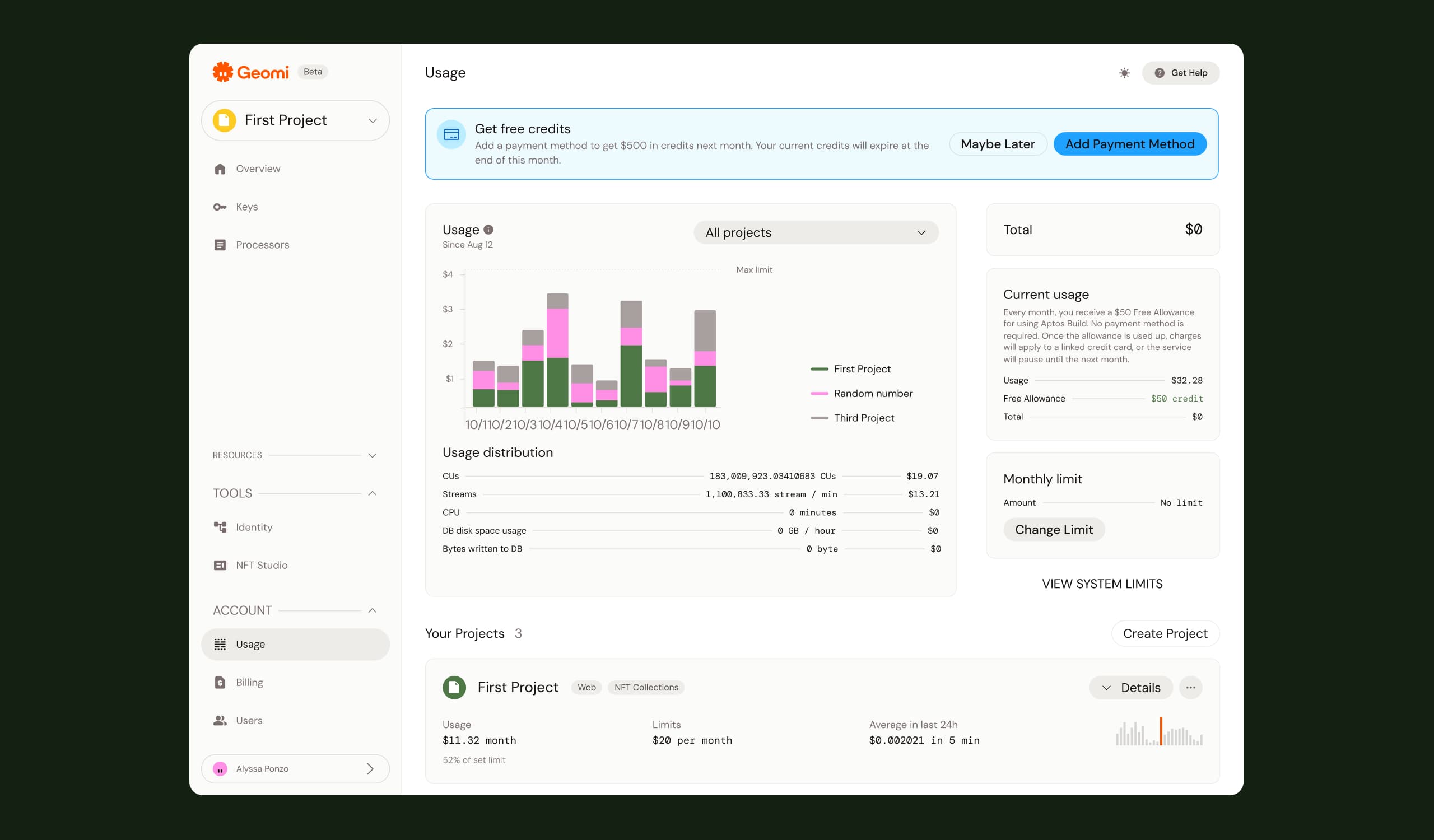 Geomi usage dashboard and analytics interface