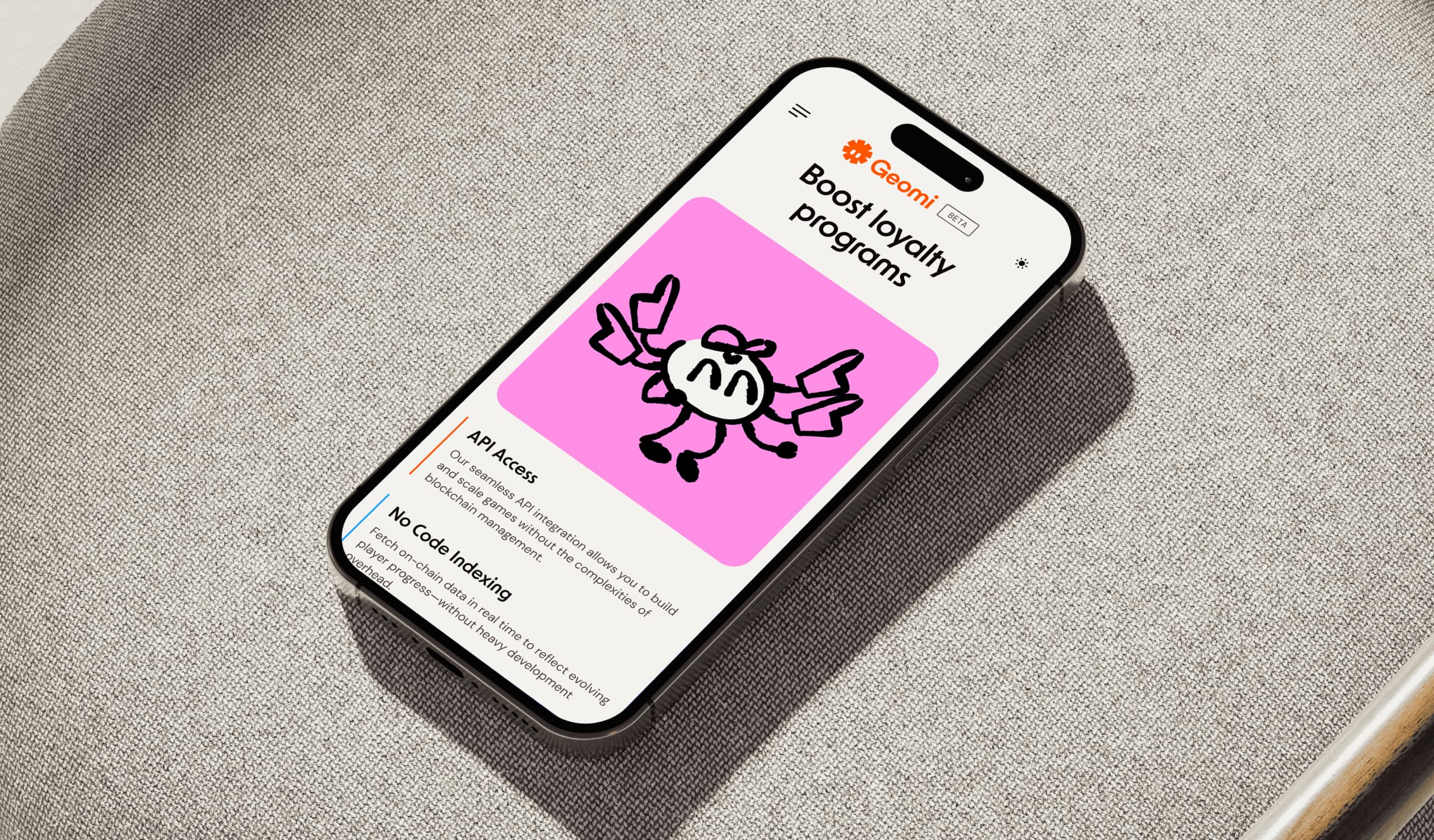Geomi mobile app displayed on phone in lifestyle setting