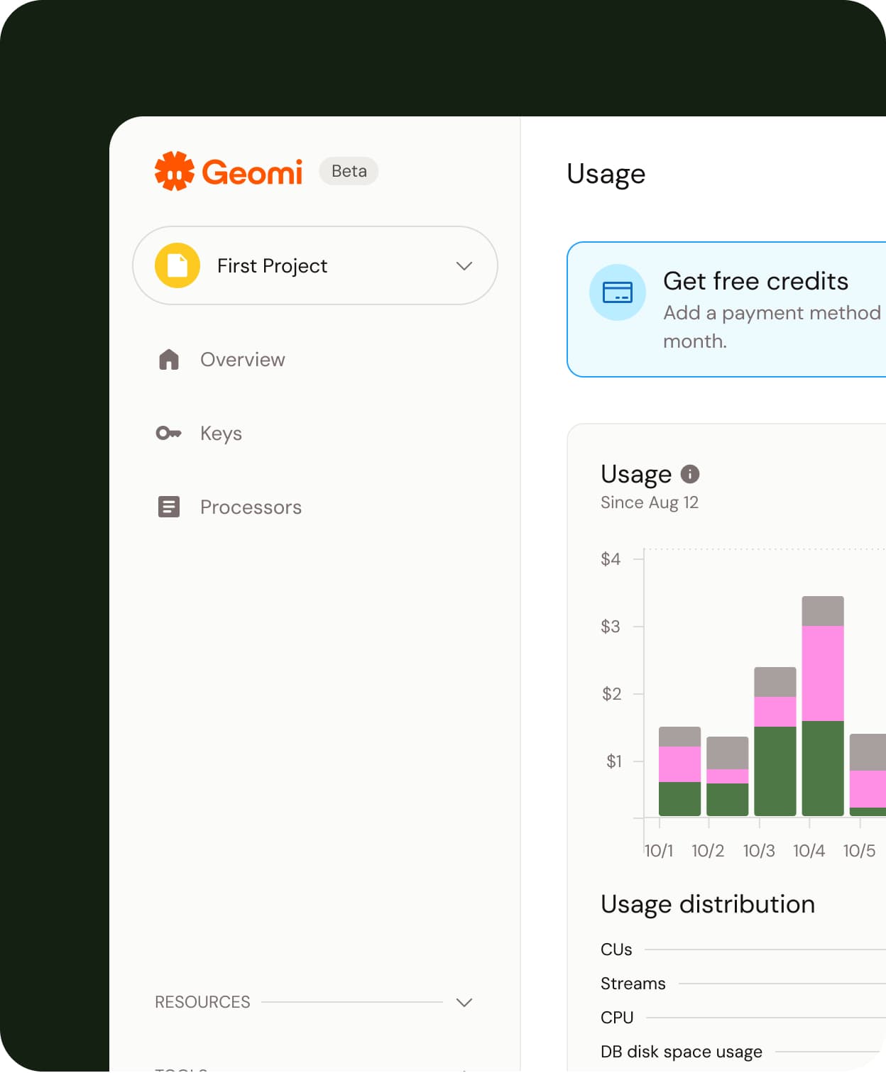 Geomi dashboard sidebar and usage analytics