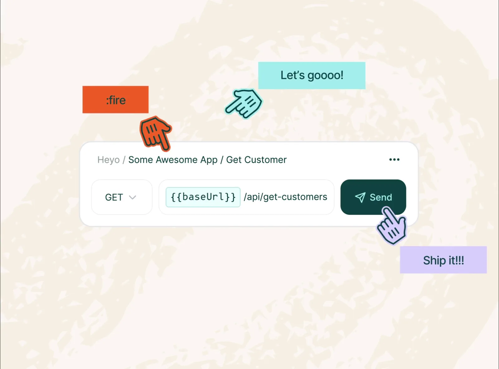 Three cursors and reactions on a single Shippy API request as teammates work on it together