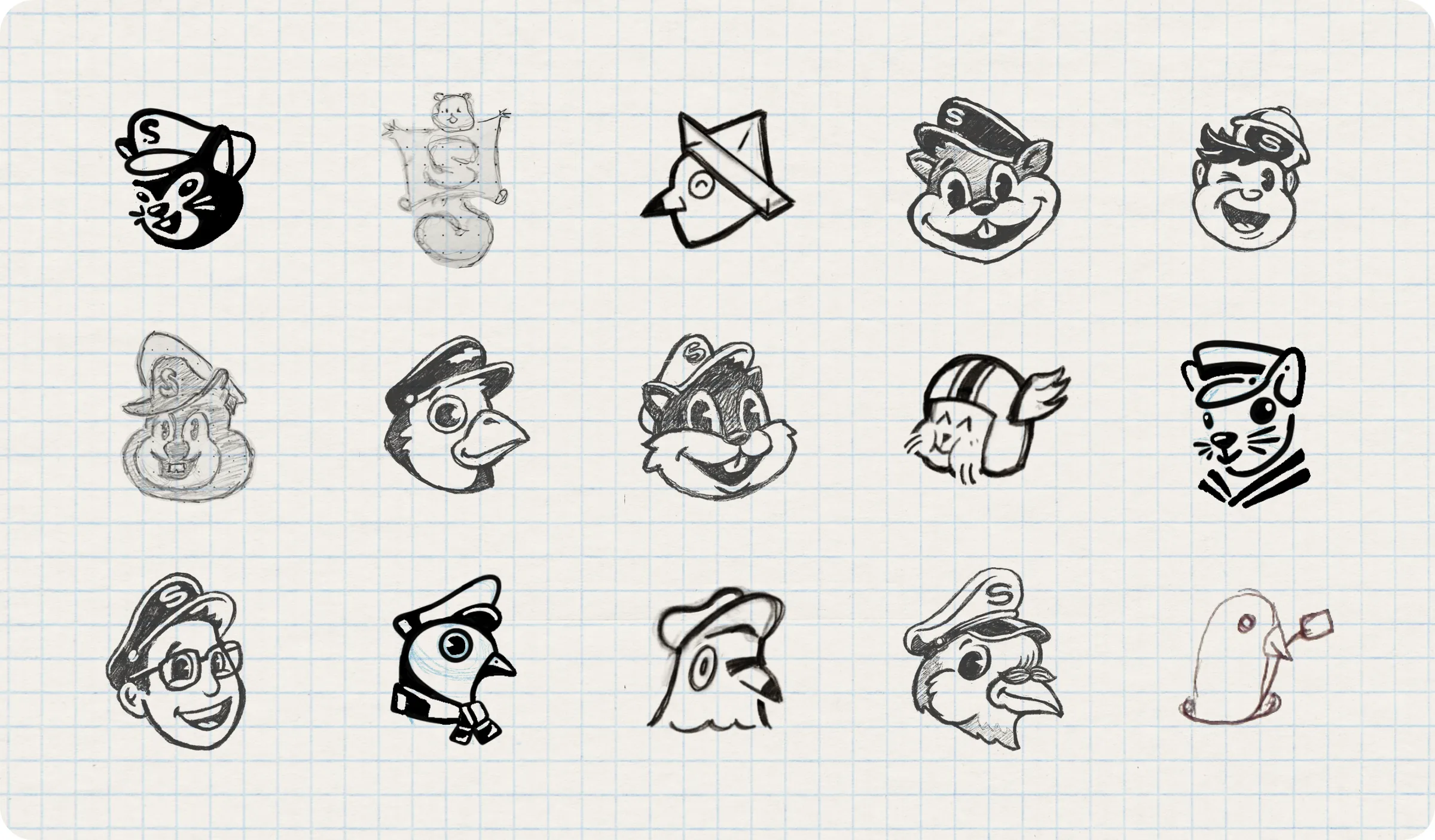 Fifteen pencil logo directions for Shippy, including the messenger pigeon set and the chipmunk that won