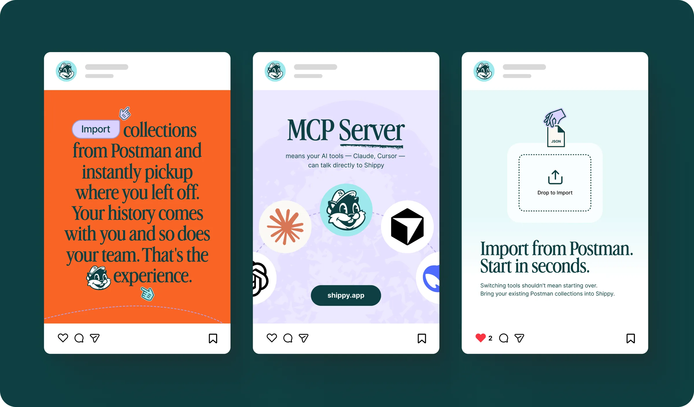 Three Shippy social posts covering collection import and the MCP server