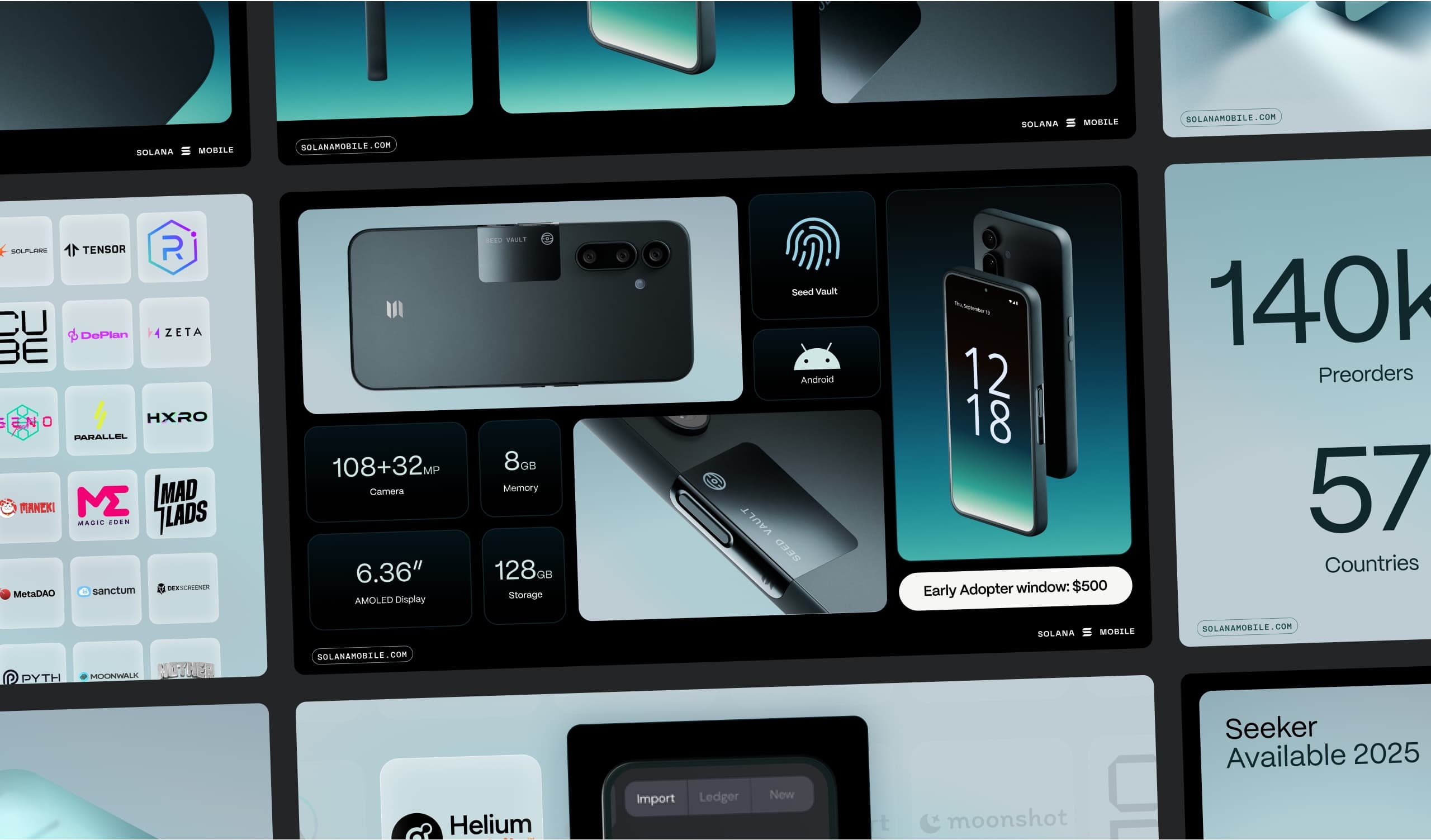 Solana Seeker product overview showcasing wallet UI, device specifications, partner ecosystem, and pre-order details