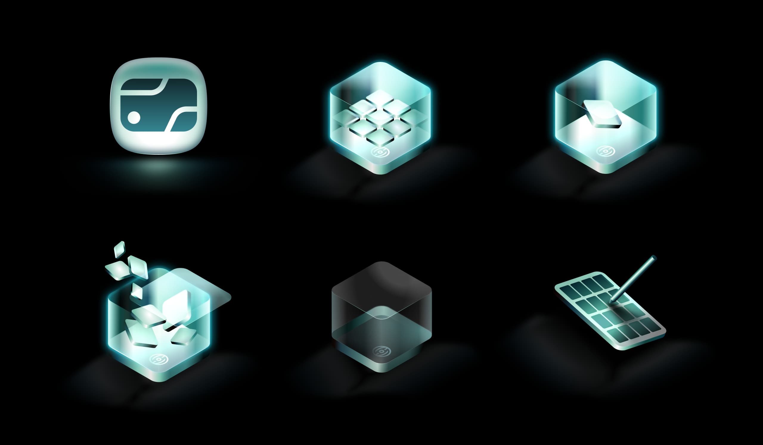 Solana Seeker 3D icon set featuring glowing hexagonal shapes representing blockchain, security, and developer tools