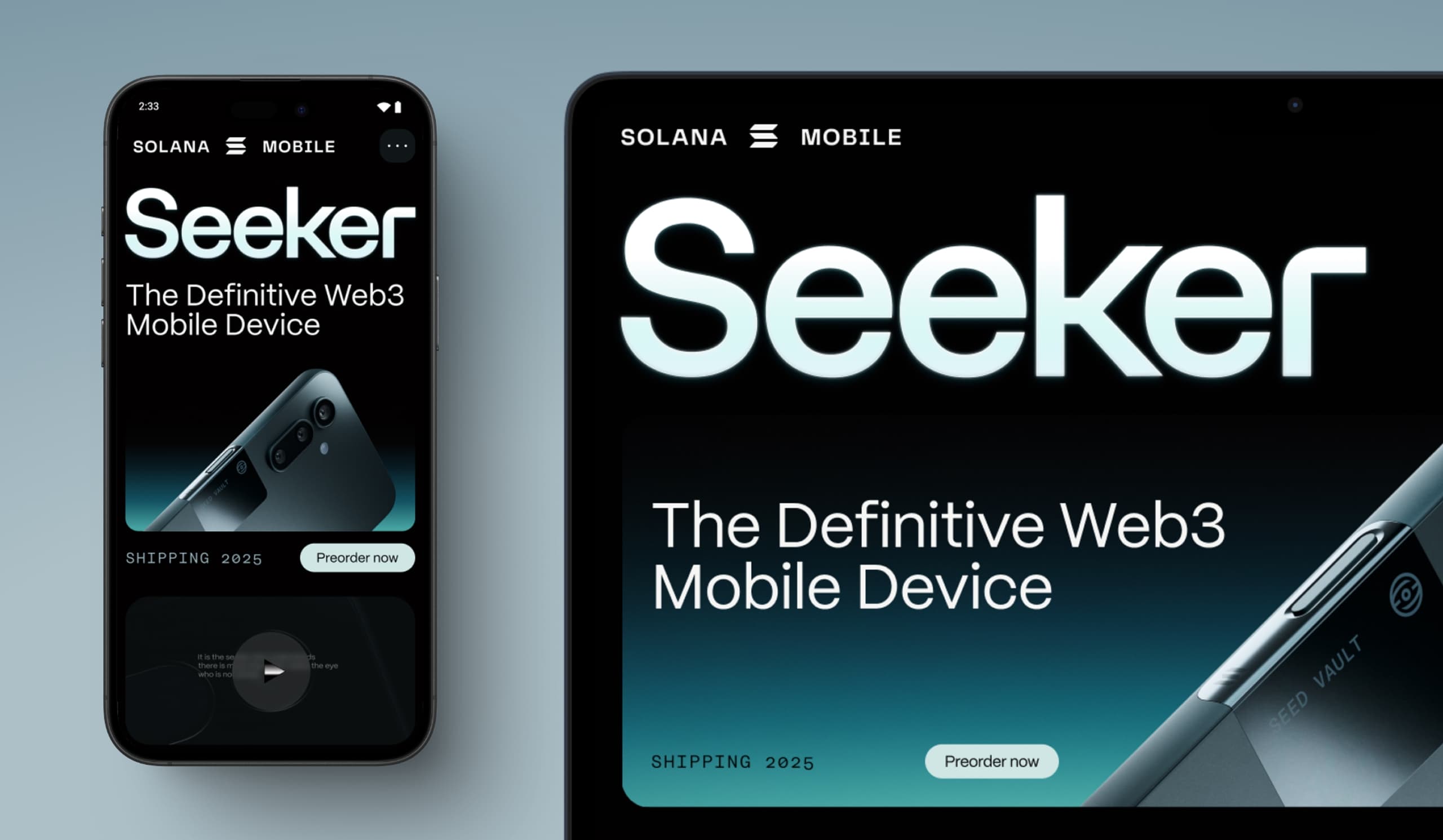 Solana Seeker responsive web design showing mobile and tablet views of the product landing page