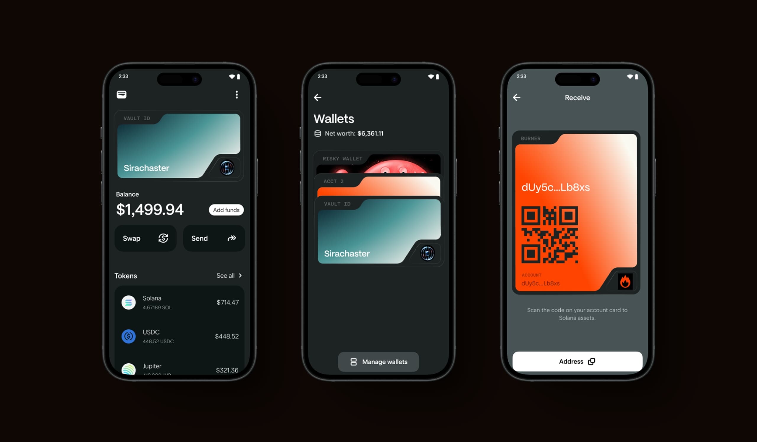 Solana Seeker mobile wallet app screens showing portfolio balance, wallet management, and QR code receive functionality