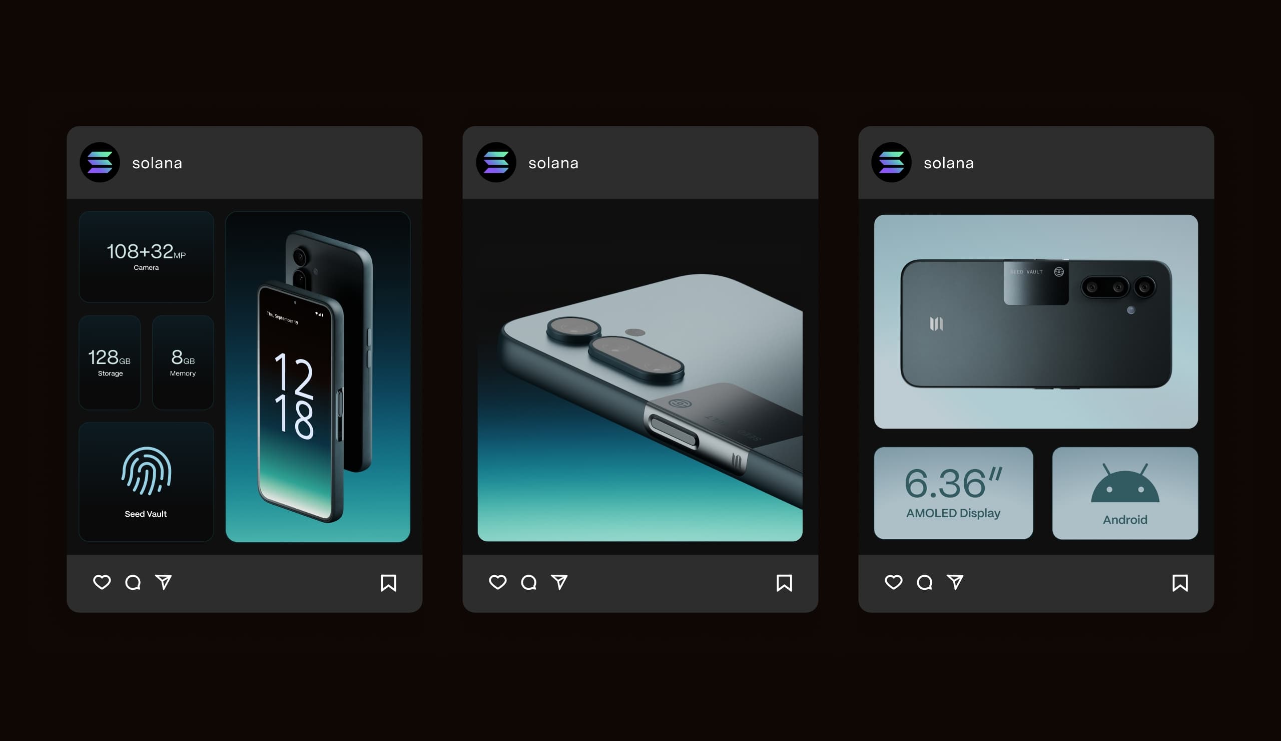 Solana Seeker social media post designs showcasing device specifications, hardware details, and product features in Instagram-style cards