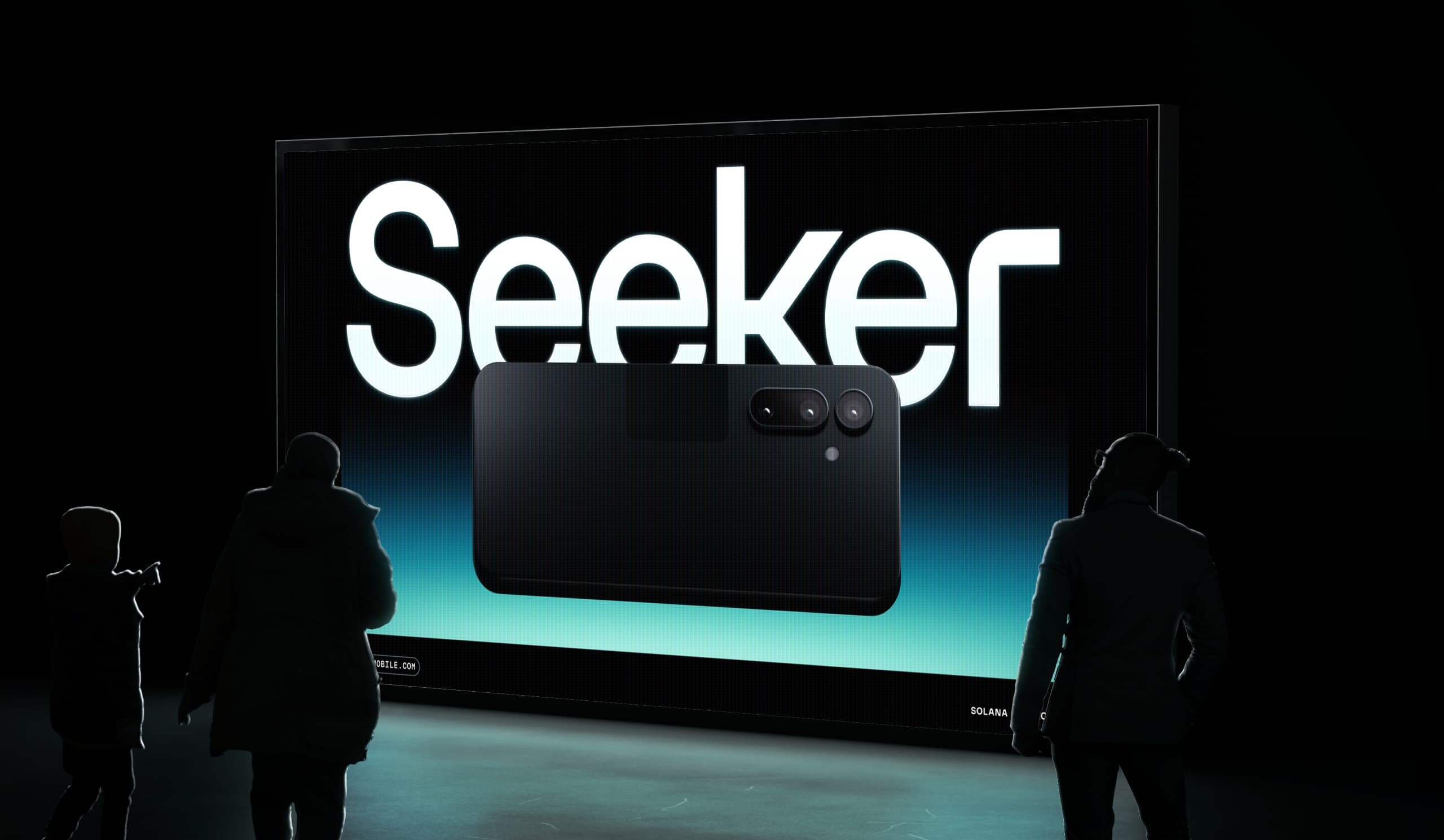 Solana Seeker launch event billboard with large Seeker wordmark and phone silhouette against dramatic lighting