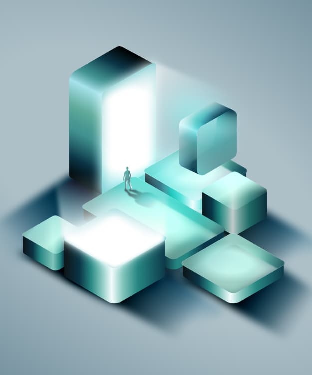 Isometric 3D glass cityscape with a glowing portal and tiny human figure representing the Solana Seeker ecosystem