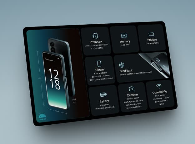 Solana Seeker device specifications bento grid showing camera, display, memory, and storage details