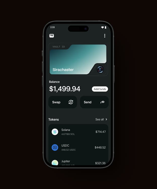 Solana Seeker wallet app displayed on phone showing cryptocurrency portfolio interface