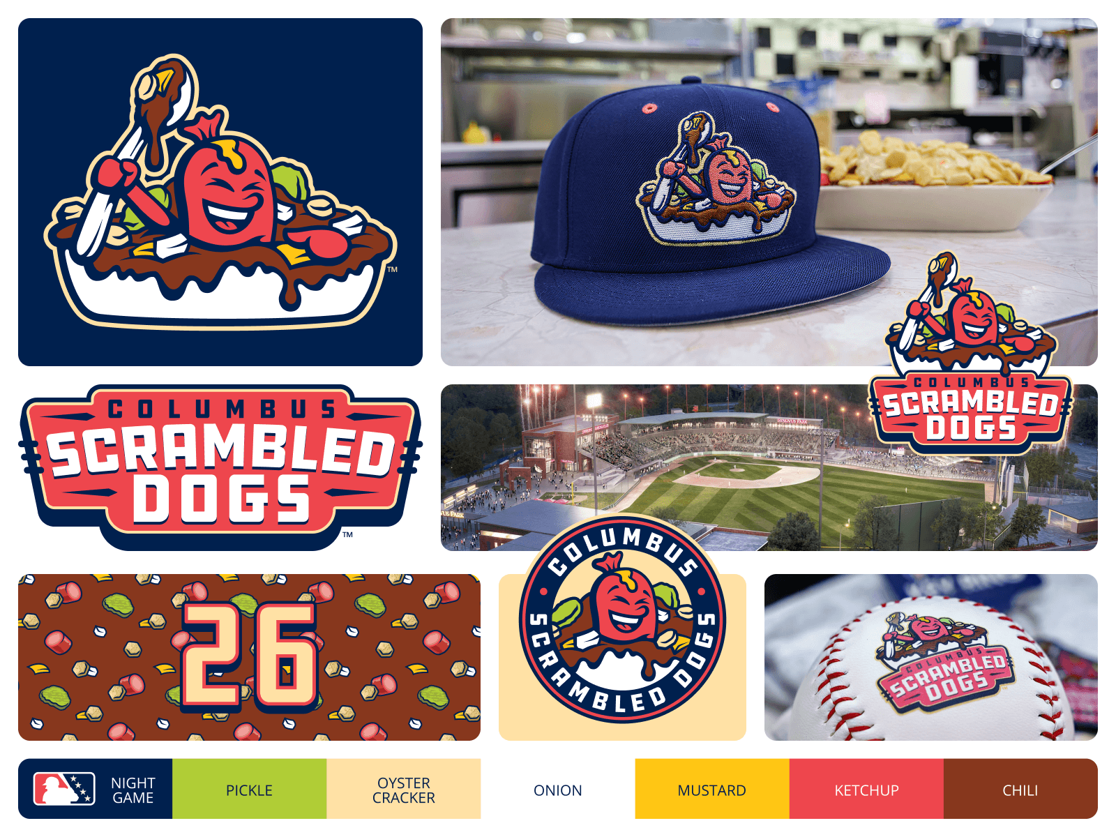 Columbus Scrambled Dogs brand identity featuring logos, jerseys, and color palette designed by Mike Jones and Dan Simon of Studio Simon